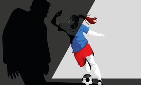 Abuse in world football graphic of a female footballer trying to fend off an abuser in a suit