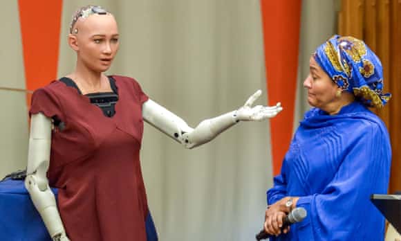 Humanoid Robot 'Sophia' at the UN in 'conversation' with with UN deputy secretary-general Amina Mohammed.