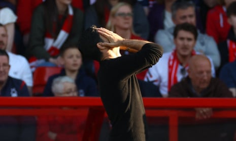 Mikel Arteta shows his frustration during Arsenal’s limp defeat at the City Ground