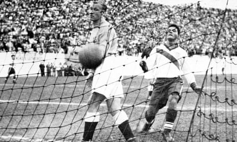 England’s Bert Williams looks on as the ball ends up in his net after being deflected in by Joe Gaetjens at the 1950 World Cup.