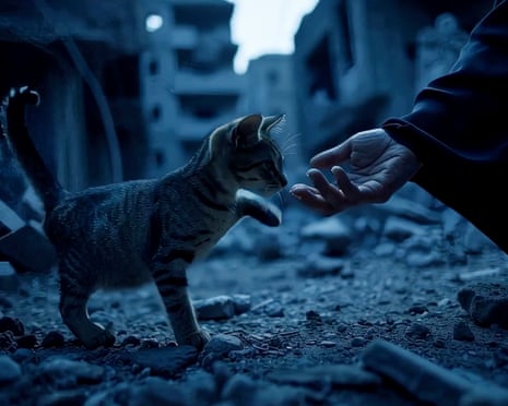 A kitten in a rubble-strewn city at night reaching for food from an outstretched hand.