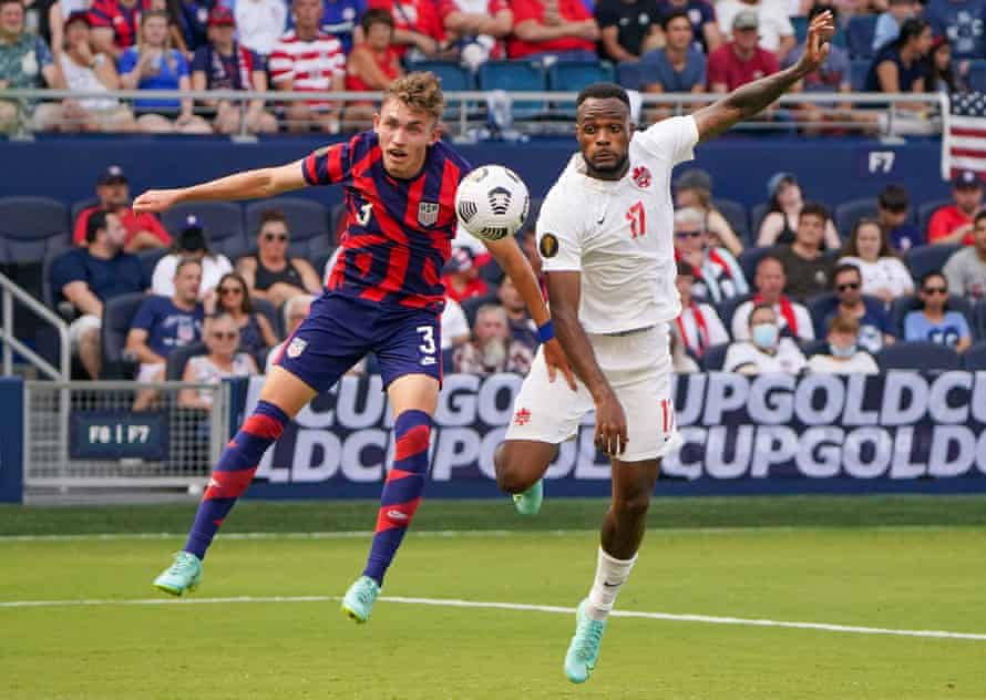 Cyle Larin in action for Canada against the USA in Kansas City last July.