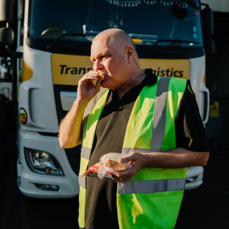 Rob Piper eats a sandwich on an industrial estate