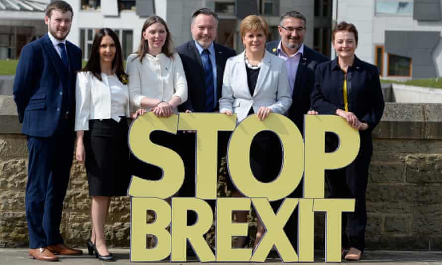 Nicola Sturgeon poses with the SNP’s six candidates and a 'Stop Brexit' sign