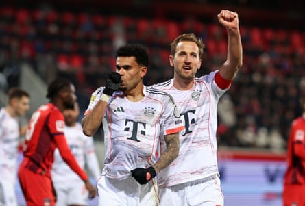 Luis Díaz celebrates with Harry Kane after putting Bayern 3-0 up