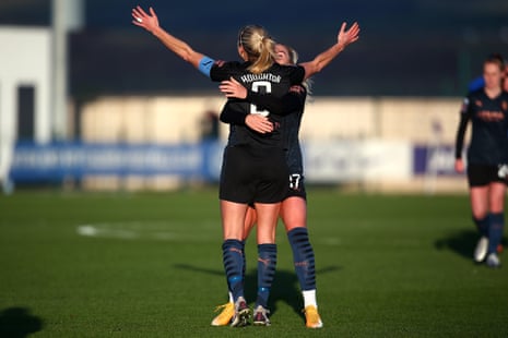 Steph Houghton of Man City celebrates with team mate Alex Greewood after scoring her second goal of the game.