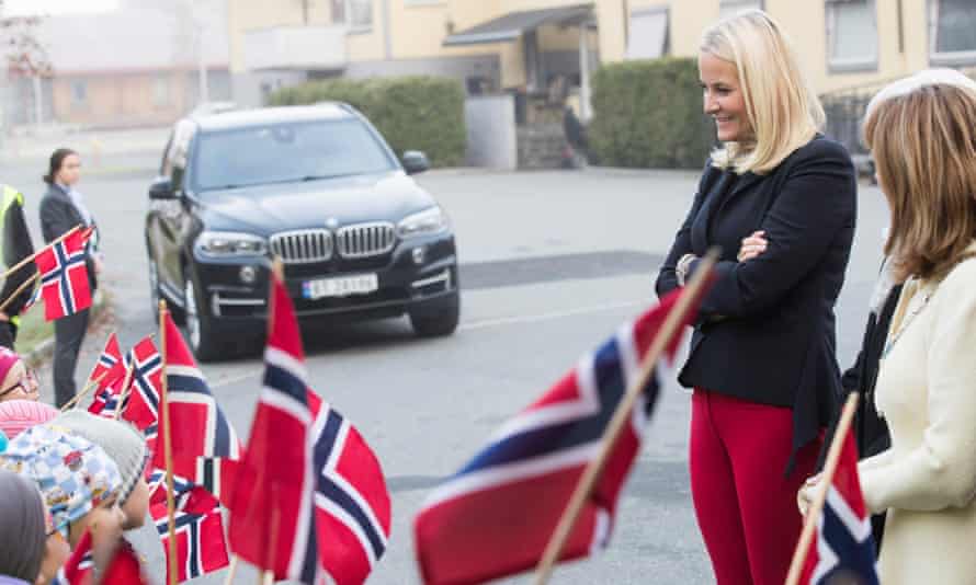 Princess Mette-Marit and greets children in Hokksund, Norway.