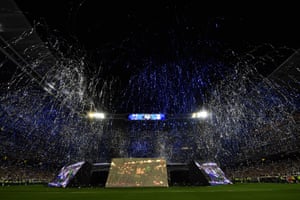 Fireworks and streamers are set off at the Santiago Bernabeu stadium in Madrid.