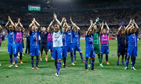 Iceland players celebrate their unlikely victory over England in Euro 2016