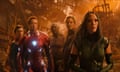 This image released by Marvel Studios shows, from left, Tom Holland, Robert Downey Jr., Dave Bautista, Chris Pratt and Pom Klementieff in a scene from “Avengers: Infinity War.” (Marvel Studios via AP)