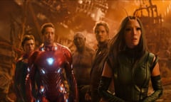 This image released by Marvel Studios shows, from left, Tom Holland, Robert Downey Jr., Dave Bautista, Chris Pratt and Pom Klementieff in a scene from “Avengers: Infinity War.” (Marvel Studios via AP)