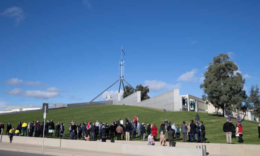 The entire senate wing of Parliament House was evacuated as part of a planned drill this morning in Canbetrra. Photograph by Mike Bowers.