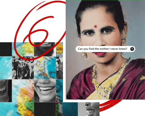 A collage showing a portrait of Savinder, Avtar and Nicci's mother in a burgundy sari, alongside maps and photographs