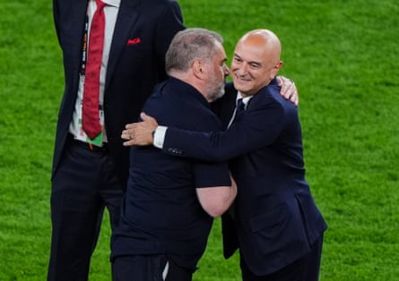 Daniel Levy congratulates Ange Postecoglou after their Europa League triumph