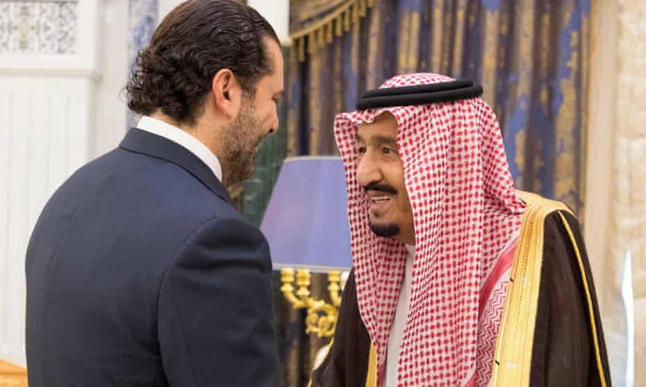 Former Lebanese prime minister Saad Hariri with Saudi King Salman in Riyadh.