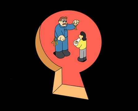 illustration of a man looking stern holding keys, and a woman with a baby