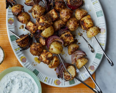 Rukmini Iyer's gunpowder paneer and potato skewers with lime mint dressing.