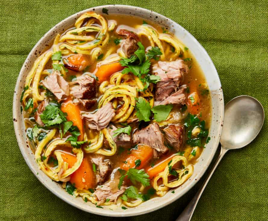 Yotam Ottolenghi’s lamb broth with pancake ‘noodles’.
