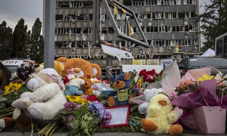 Flowers and toys placed near the site of Russia’s missile strikes on Vinnytsia, Ukraine