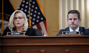 US Republican Representatives Liz Cheney (L) and Adam Kinzinger listen during a select committee investigating the attack on the US Capitol, on December 1, 2021 in Washington, DC