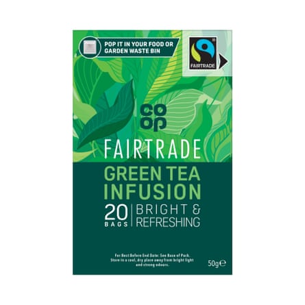A green leaf-patterned Co-op Fairtrade Green Tea Infusion box, 20 bags