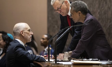 Chicago Mayor Lori Lightfoot, right, talks to corporation counsel Mark Flessner, center, and deputy corporation counsel Jeff Levine at a meeting in 2019.