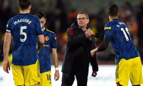 Ralf Rangnick clasps hands with Raphaël Varane after Manchester United’s win at Brentford