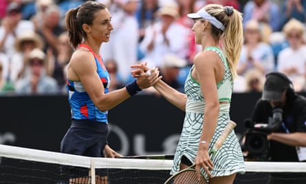 Petra Martic and Katie Boulter shake hands after the Croatian’s victory at Eastbourne