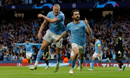 Bernardo Silva celebrates after scoring against Real Madrid in the Champions League semi-final second leg at the Etihad Stadium in May 2023