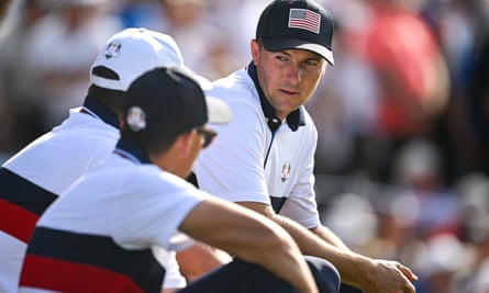 Jordan Spieth looks concerned as he speaks with teammates during the afternoon fourballs.