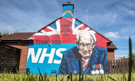 A street art graffiti mural of Captain Sir Tom Moore and the NHS logo in east Belfast.