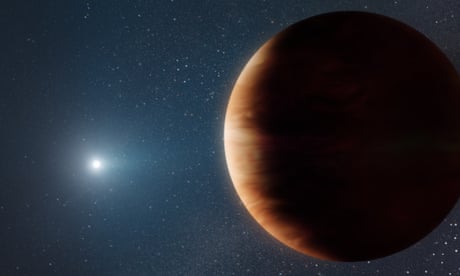 An artist's impression of a planet (right) orbiting a white dwarf star.