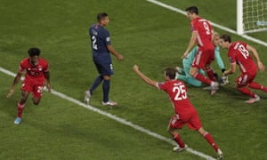 Kingsley Coman celebrates after scoring what proved to be the winner with a far-post header.
