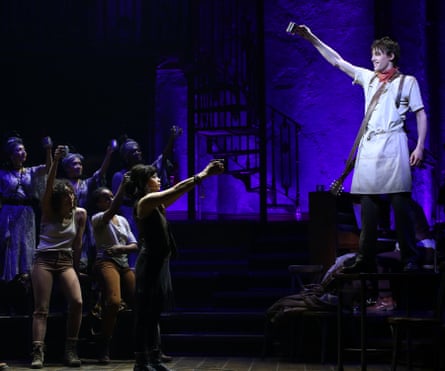 Eva Noblezada (Eurydice, centre) and Reeve Carney (Orpheus, right) in the Broadway press preview of Hadestown at the Walter Kerr Theatre, New York, March 2019.