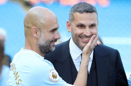 Pep Guardiola with the Manchester City chairman, Khaldoon al-Mubarak