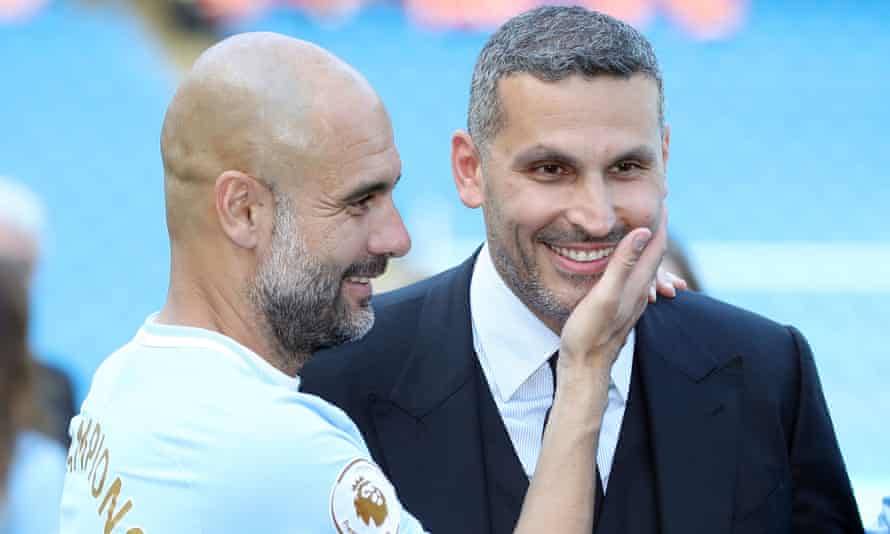Pep Guardiola with Khaldoon al-Mubarak, who sees FFP as a restraint of Sheikh Mansour’s freedom to rebuild City by pouring money in.