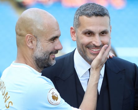 Pep Guardiola and the Manchester City chair, Khaldoon al-Mubarak, in May 2018