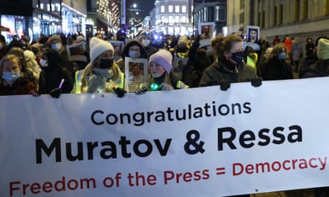 A parade honouring Nobel prize-winning journalists Maria Ressa and Dmitry Muratov in Oslo, Norway, 10 December 2021
