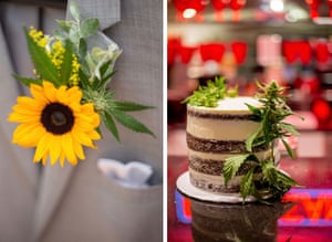 Left: Jason sported a boutonnière with a sunflower, marijuana leaves and a bud, matching Michelle’s bouquet Right: Michelle and Jason’s wedding featured a THC-infused cake made with marijuana concentrate. Each slice contained 5mg of THC.