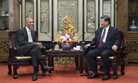 Former US President Barack Obama meets with Chinese President Xi Jinping at the Diaoyutai State Guesthouse in Beijing. 