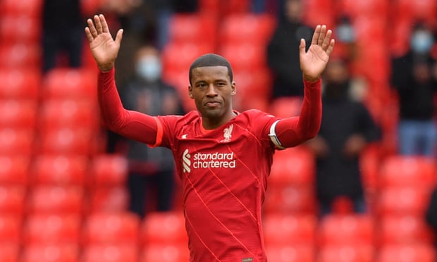Georginio Wijnaldum salutes the applauding Liverpool fans in his last game in red at Anfield.