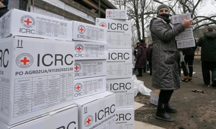 Humanitarian aid from the Red Cross is distributed in Donetsk, Ukraine, March 2021.