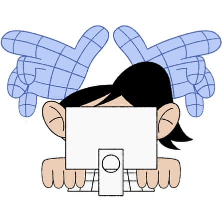 two wireframe hands looming over a person working on a computer #4864b8