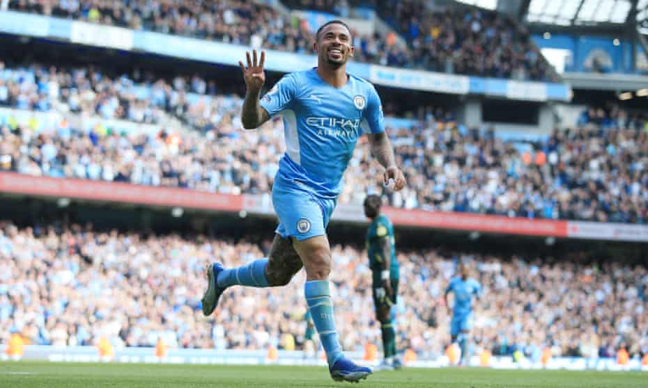 Gabriel Jesus celebrates scoring his fourth and Man City’s fifth goal against Watford.