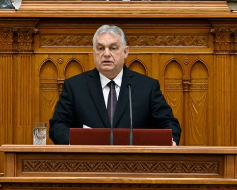 Hungarian prime minister Viktor Orbán delivers a speech during the first plenary sitting of the spring session of parliament in Budapest, Hungary.