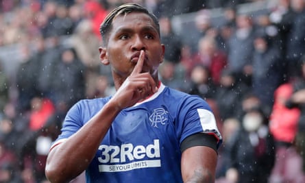 Alfredo Morelos raises his finger to his lips after netting Rangers’ third goal