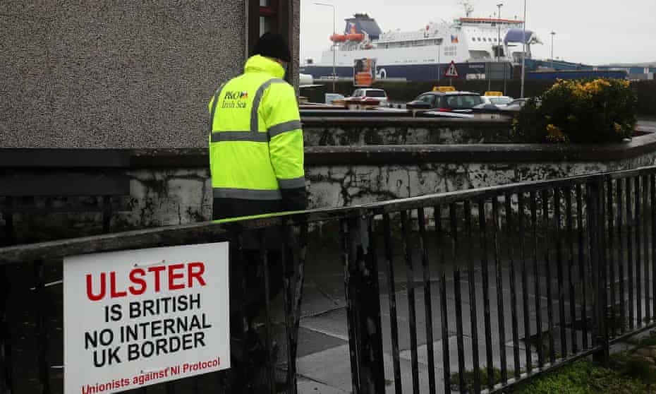 An anti-protocol sign near the entrance to Larne port in Northern Ireland