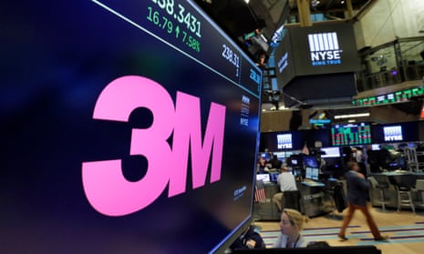 A photo of the logo for 3M on a screen above the trading floor of the New York Stock Exchange, in 2017.