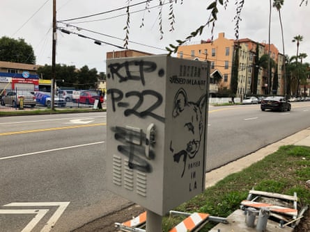 graffiti says RIP P-22 and has a stenciled painting of the mountain lion, on a metal box on a city street