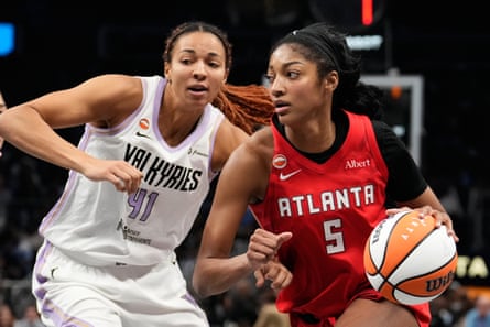 Atlanta’s Angel Reese drives to the rim as Golden State’s Kiah Stokes defends during the second half of Thursday’s Game 6